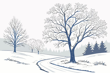 Fototapeta premium A picturesque winter landscape illustration depicts a winding road on snow-covered hills, flanked by bare trees and distant evergreens under a clear sky.