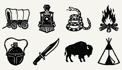 Wild West Woodcut Icon Set Frontier Adventure Symbols Collection © 777SKYLABS