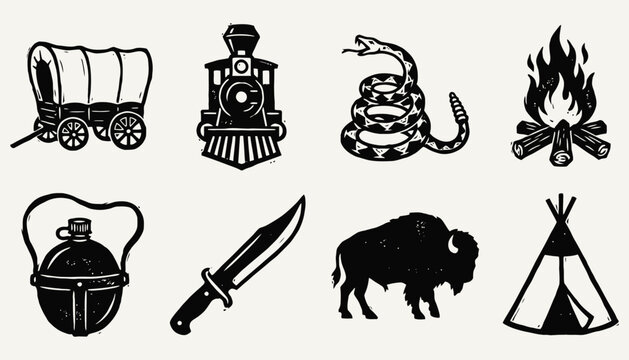 Wild West Woodcut Icon Set Frontier Adventure Symbols Collection