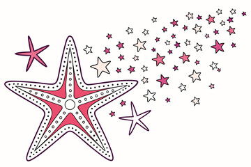 A beautifully stylized pink starfish-like star, embellished with a pattern of dots, gracefully surrounded by a vibrant cascade of many smaller pink and outlined stars, evoking a whimsical feel.