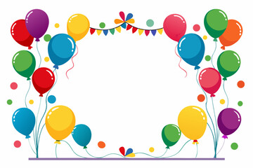 A vibrant and cheerful border frame composed of numerous colorful balloons, festive bunting, and scattered confetti around a central white space.