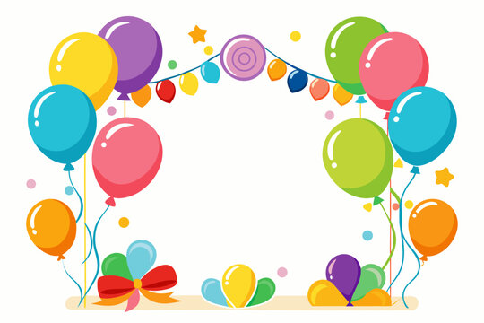 A whimsical collection of colorful balloons and a festive string of lights and garland create an inviting arch frame at the bottom of the image.