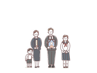 葬儀、別れのイラスト（家族葬、遺影、位牌）
