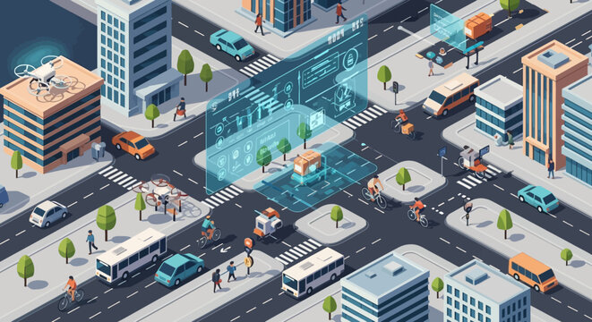 Smart City Traffic Flow: Futuristic Urban Intersection with AI, Drones, Autonomous Vehicles
