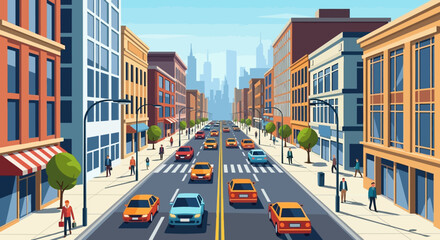 Fototapeta premium Vibrant City Street Scene with Cars and Pedestrians, Urban Landscape