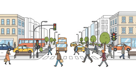 Obraz premium Urban street scene with diverse pedestrians crossing at a busy intersection with traffic lights and vehicles.