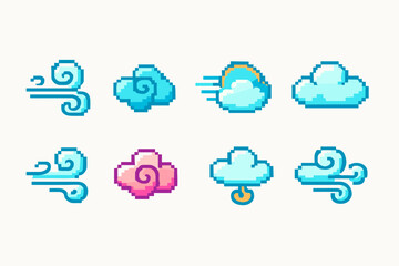 Weather, clouds pixel icon set. Cute, retro style pixel art icons for apps