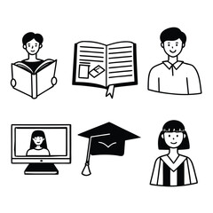 Education icons set with students book graduation cap and computer illustrating learning and academic concepts