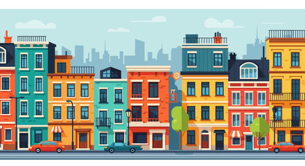 Obraz premium Colorful buildings row, urban street scene with cars and trees, city skyline background