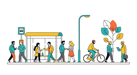 Fototapeta premium Diverse people at bus stop, cycling, and walking on city street illustration