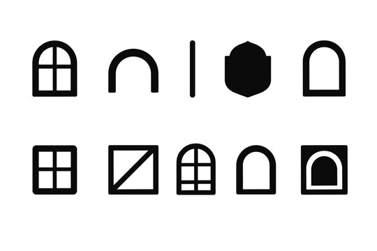 Architecture solid icon set. Windows, doors, and frames solid icons collection