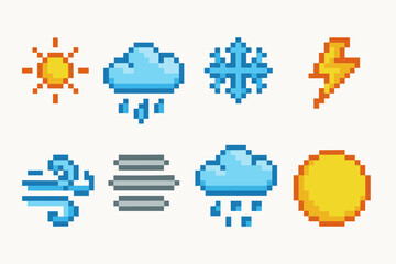 Weather pixel art icon set. Sun, rain, snow, cloud, lightning in pixelated outline style
