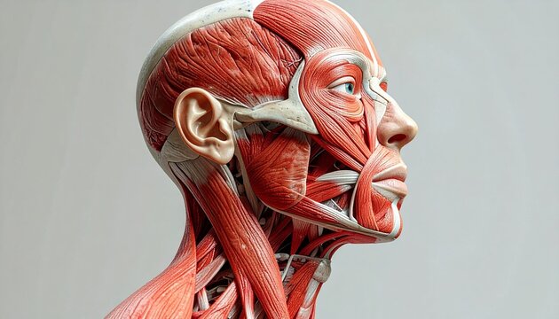 Anatomical image showing the deep muscles of the human head and neck in a detailed side view. The skin is removed to reveal muscle groups, including facial, cranial, and cervical structures.