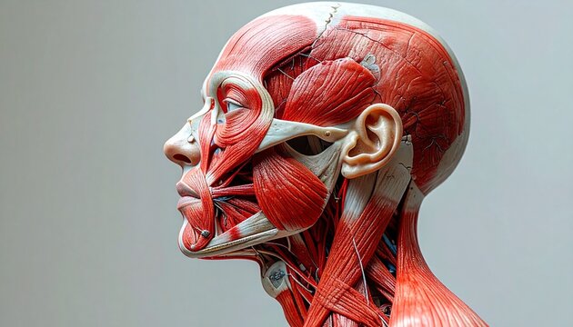 Anatomical image showing the deep muscles of the human head and neck in a detailed side view. The skin is removed to reveal muscle groups, including facial, cranial, and cervical structures.