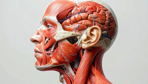 Anatomical image showing the deep muscles of the human head and neck in a detailed side view. The skin is removed to reveal muscle groups, including facial, cranial, and cervical structures.