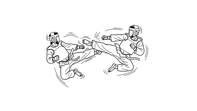 Dynamic taekwondo sparring match in line art style