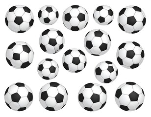 Fifteen soccer balls are arranged at different angles on a white background, some appearing to float. The balls have black pentagons and white hexagons