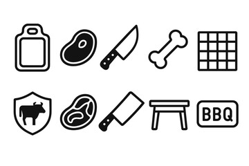 Fototapeta premium Bbq, grilling outline icon set. Barbecue, meat, cooking tools, and utensils collection