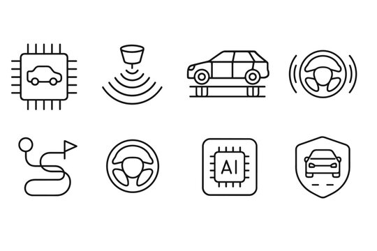 Autonomous driving outline icon set. Self-driving, ai, automotive technology icons outline