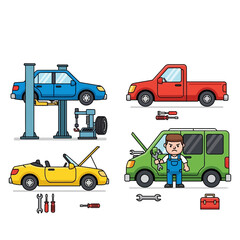 Fototapeta premium Car Repair Service: Mechanics Fixing Vehicles on Lift and Tools, Garage Scene