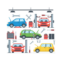 Car Repair Workshop with Vehicles and Tools