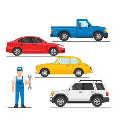 Naklejka premium Auto Mechanic With Cars Collection: Sedan, Pickup, SUV, Classic
