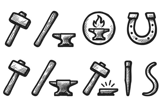 Blacksmithing, anvil flat icon set. Forge, hammer, tools icons flat collection