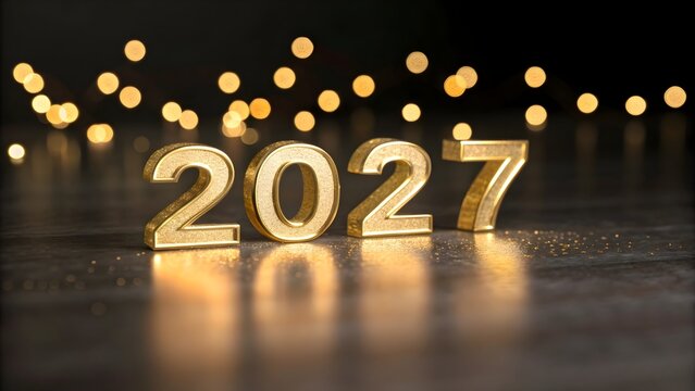 Golden 2027 New Year Celebration with Bokeh Lights Background