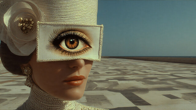 Portrait surr&eacute;aliste de femme avec un seul oeil dans un paysage d&eacute;sertique