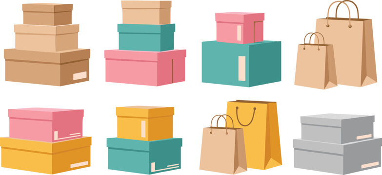 Stacked gift boxes and shopping bags packaging collection pastel flat vector illustration set