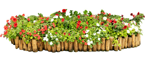A wooden planter holds a mix of red and white flowers along with green leaves. This arrangement is...
