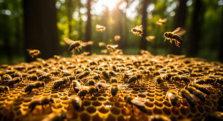 Cinematic close-up of honeybees swarming over a raw honeycomb in a forest, warm golden tones, shallow depth of field, dramatic lighting, detailed wings and textures, organic and natural composition, 8
