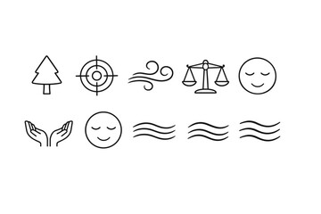 Mindfulness and balance icon set. Meditation, relaxation, and peace outline symbols