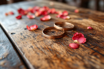 Pair of Wedding Rings Beautifully Adorned with Red Rose Petals