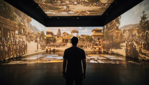 Focused person observing a projection gallery featuring evolving ancient civilization scenes covering all surfaces with the gallery background blurred to enhance immersive depth.