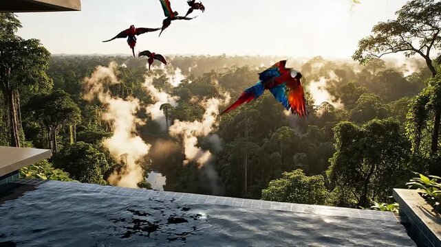 Colorful parrots flying over rainforest with pool in foreground, sunrise ambiance.