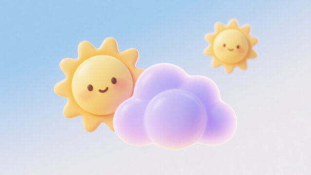 A cute cartoon-style illustration featuring a soft pastel cloud and two smiling suns with cheerful faces on a light blue gradient background