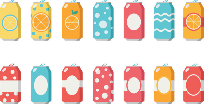 Colorful soda and juice cans packaging collection with patterns flat vector illustration set