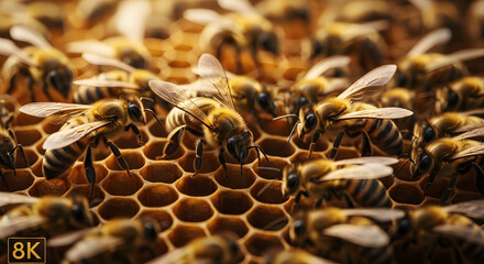 Cinematic close-up of honeybees swarming over a raw honeycomb in a forest, warm golden tones, shallow depth of field, dramatic lighting, detailed wings and textures, organic and natural composition, 8