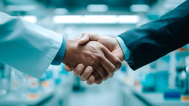 Poign&eacute;e de main entre un homme caucasien et un homme afro-am&eacute;ricain dans un laboratoire
