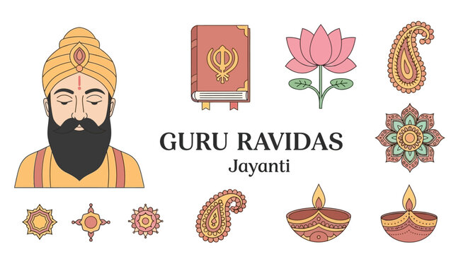 Illustration celebrating Guru Ravidas Jayanti with a portrait of Guru Ravidas, a holy book, lotus, paisley, and diyas.