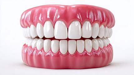 Obraz premium 3D model of human teeth in a front view, showcasing detailed dental anatomy with a pink gum line against a clean white background, ideal for educational and commercial use