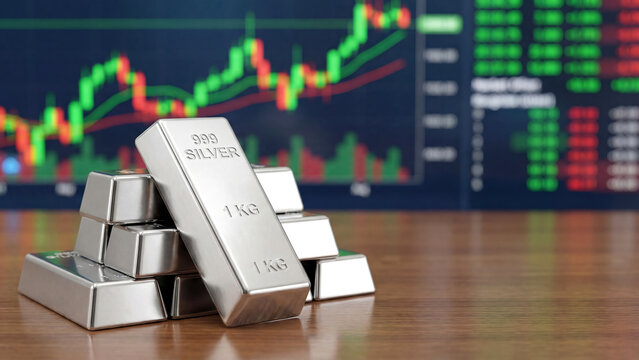 Silver Bullion Stack with Stock Market Chart Backdrop Symbolizing Financial Investment