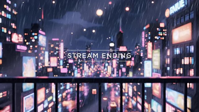 A vibrant urban night scene featuring neon lights and digital screens, perfect for stream ending notifications or creative video content.
