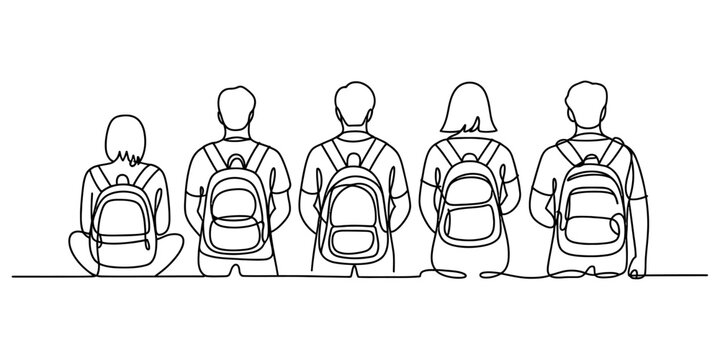 Continuous line drawing of a group of students with backpacks viewed from behind Vector, illustration