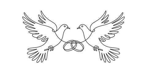 Obraz premium Continuous line drawing of two doves holding wedding rings in a minimalist style Vector, illustration