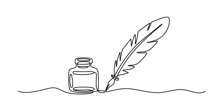 Minimalist continuous line drawing depicting a vintage quill pen and ink bottle for writing Vector, illustration