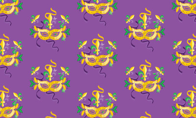 Mardi Gras Carnival Seamless Pattern with Feather Mask, Jester Symbol and Confetti