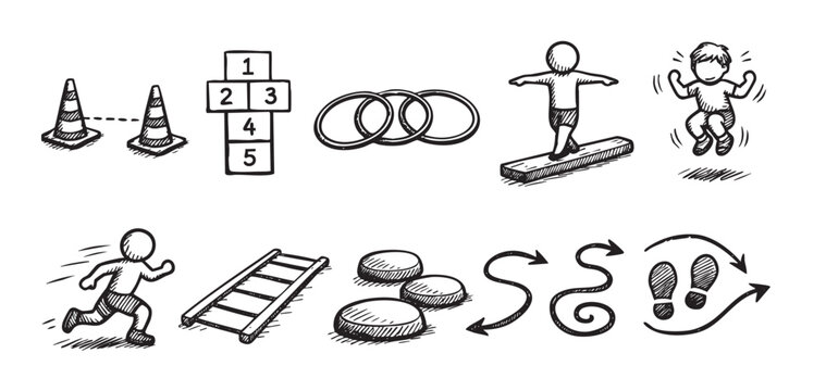 A collection of hand-drawn icons depicting various children's games and activities, rendered in a simple sketch style on a white background.