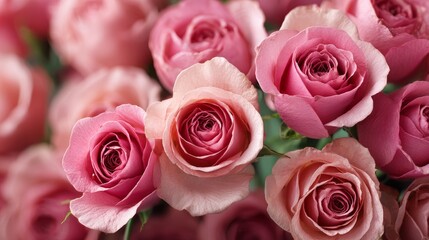 Obraz premium Tightly packed arrangement of blush pink roses with high detail petals, soft lighting, and natural texture, captured from a top-down view, showcasing romantic floral beauty